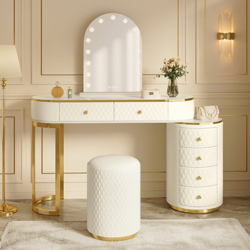 Meuble-lavabo de luxe avec miroir à DEL 3 couleurs et tabouret, coiffeuse à longueur réglable avec armoire latérale mobile, rangement à 6 tiroirs, plateau d'autocollant en marbre, tiroirs en cuir pu, acier inoxydable doré