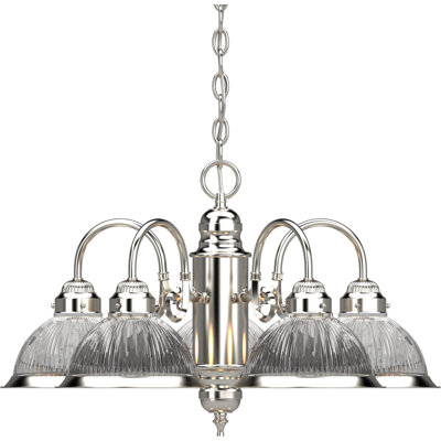 Lustre d'intérieur / classique en nickel brossé 5 lumières avec abat-jour en verre côtelé transparent Attar