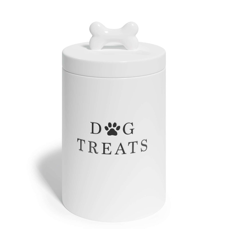 White Ceramic Airtight Dog Treat Jar with Bone Handle