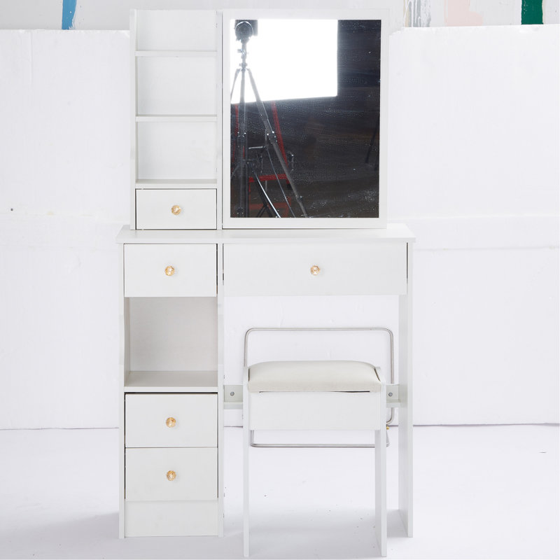 Small Size Left Drawer Desktop Vanity Table + Cushioned Stool, Extra Large Sliding Mirror, Multi Layer, High Capacity Storage Fashionable Dresser, Suitable For Small Space, EPA,GCC,UL Certificate