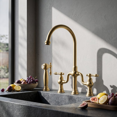 Classic 15" Solid Brass Bridge Kitchen Sink Faucet with Pull-Out Side Sprayer