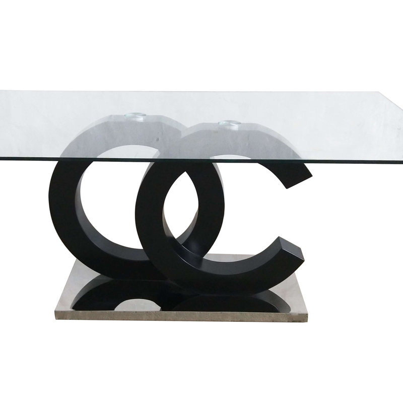 Contemporary Matte Black and Stainless Steel Dining Table with Glass Top
