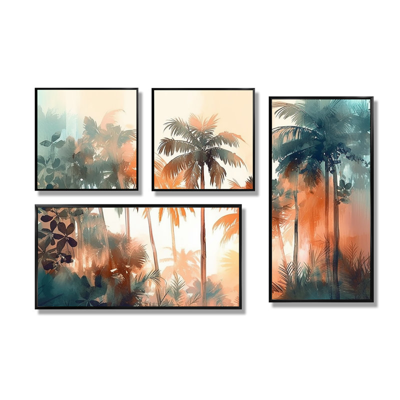 Palmiers tropicaux majestueux I - art floral grand arbre 4 panneaux, Reproduction encadrée sans passe-partout, Noir