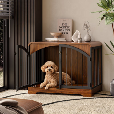 Meuble de 31 po en forme de cage en bois pour chien, table de bout pour chenil robuste pour petits et grands chiens, assemblage facile, noyer