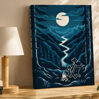 Toile, scène sereine de nuit mettant en vedette une figure solitaire dans un art mural Chapeau à large bord assis dans une chaise en bois rustique