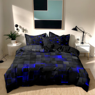 Blue And Black Geometric Microfiber Duvet Cover Set With Pillowcases, Digital Print Block Pattern Front With Solid Black Back, Reversible Bedding, Twin Full Queen King, Comforter And Pillow Inserts Not Included