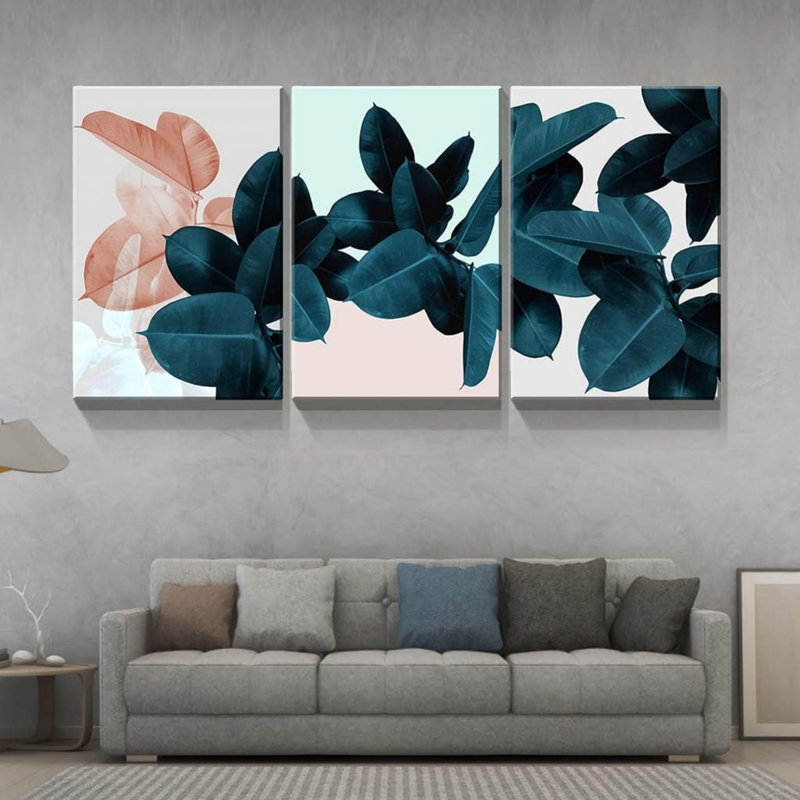 Feuille tropicale bicolore 12 x 16 pouces, art mural 3 pièces, impressions sur toile, pour passage d'entrée