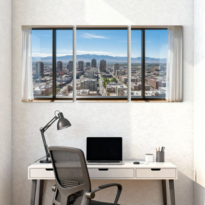 Scenic &Cityscapes Cityscape Skyline Mountains Buildings Reflections Windows View Horizon Set of 3 Canvas Wall Art Prints