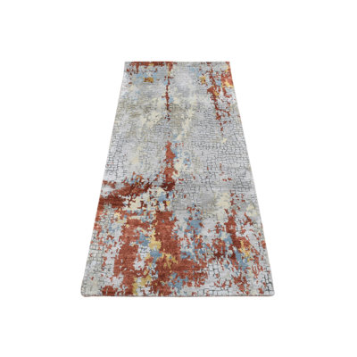 2'6"x5'10" Gray Wool and Silk Abstract Design Hand Knotted Runner Rug FCA434096C9946E7972FFF7CA31E00A7