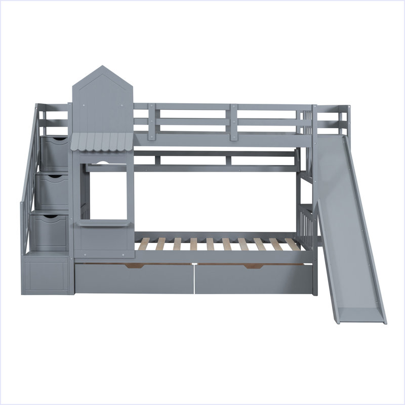 Castle Style Bunk Bed With 2 Drawers 3 Shelves And Slide, Grey, Twin Over Twin