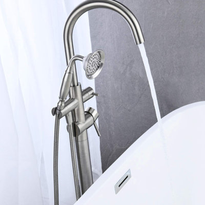 Brushed Nickel Bathroom Tub Filler With Shutoff Valve - Control Water Supply Conveniently Solid Brass Freestanding In Reliable And Long-Term Performance