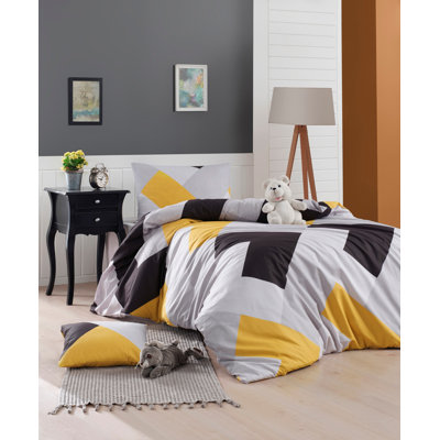 Ensemble de housse de couette 100% coton blanc / brun / jaune / gris