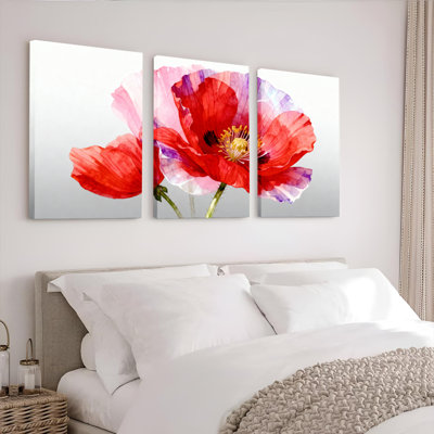Red Poppy Floral Watercolor Canvas Wrapped Wall Art, Oil Painting Print (Set of 3)