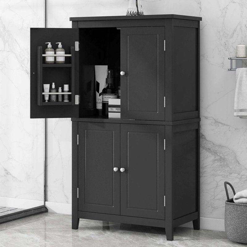 Armoire de rangement élégante pour salle de bain autoportante avec 4 portes réglables et dispositif anti-basculement pour un grand espace de rangement