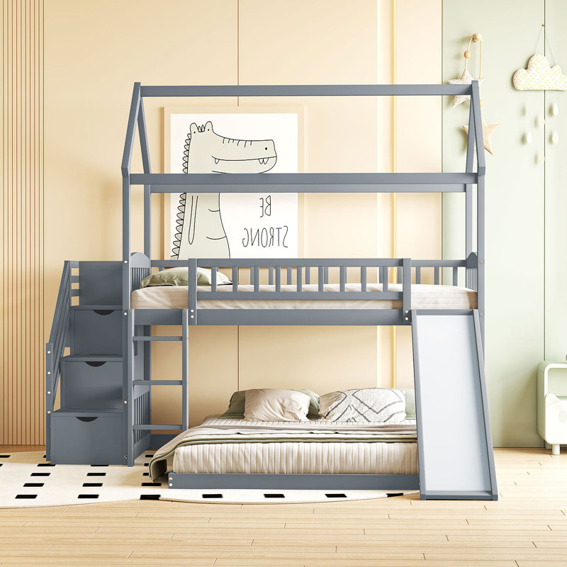 Over  Bunk Bed With Slide, Grey