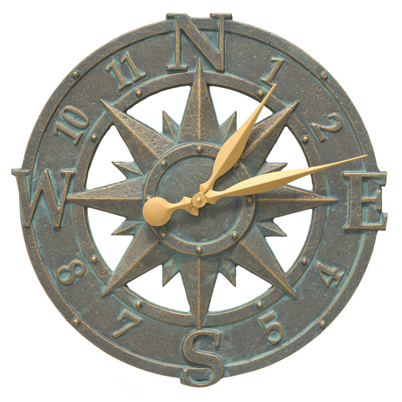 16" Compass Rose Clock, Copper Verdigris