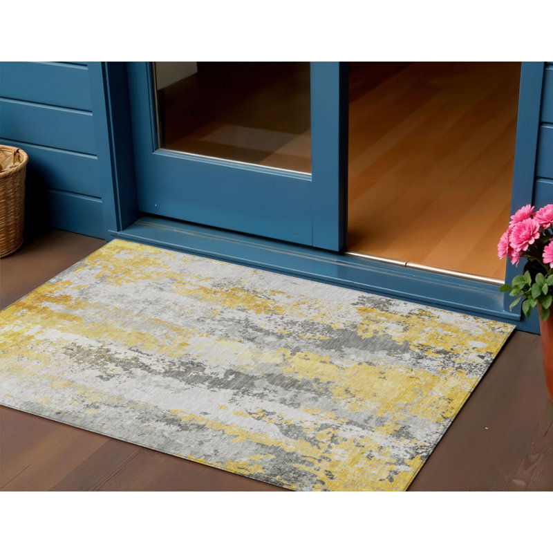 Tapis intérieur lavable abstrait jaune et ivoire 3 pi x 5 pi