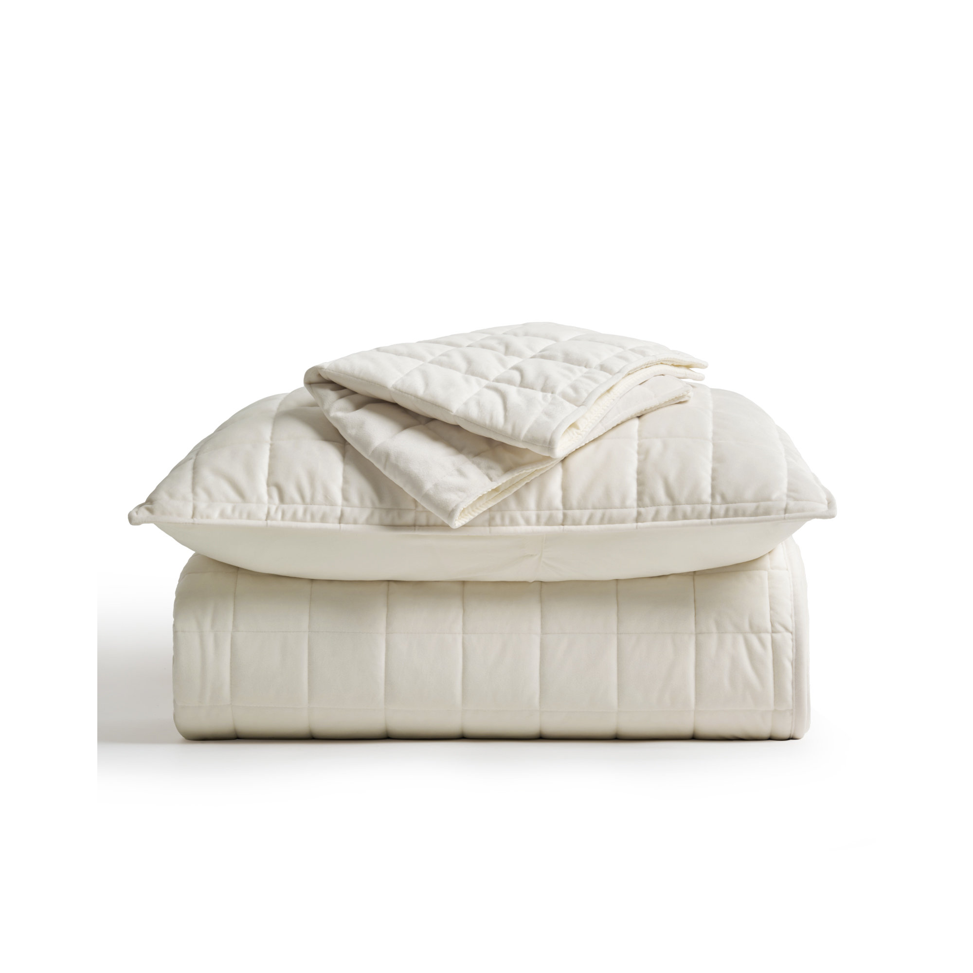 Box Stitch PearlVelvet Quilt set, Ivory White, Queen Quilt + 2 Standard Shams