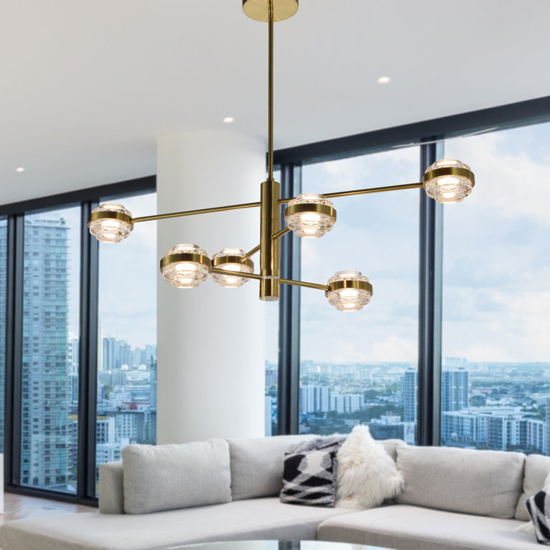 Milano 40-in 6-light ETL Certified Integrated LED Chandelier with Height Adjustable Rods, Antique Brass