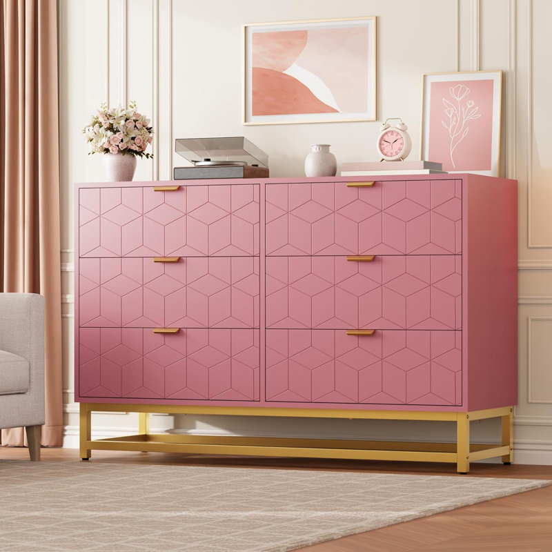 Commode 6 tiroirs rose avec rangement large, commode en bois avec pieds en métal, commodes modernes et commodes pour chambre à coucher