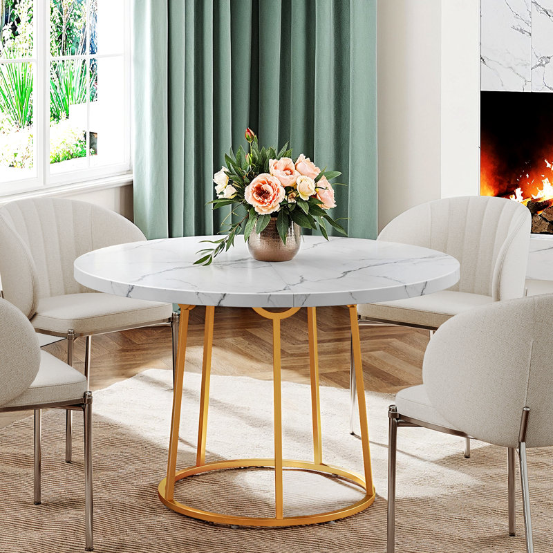 Wardat Round Faux Marble Top Metal Base Dining Table