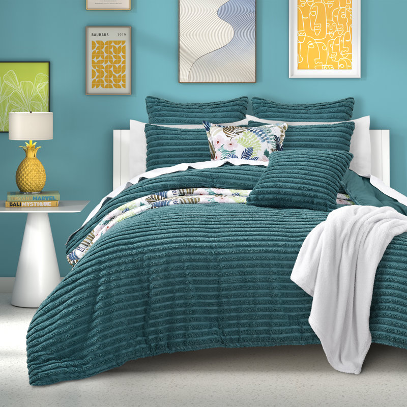 Ensemble d'édredon Darcy, Édredon pour grand lit + 2 taies décoratives sta, Bleu sarcelle