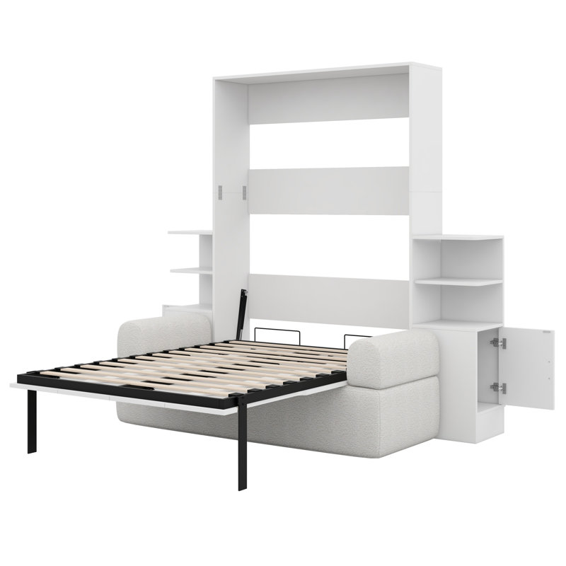 Wall Murphy Bed With Sofa And Storage Cabinets For Home Office And Guest Room, White