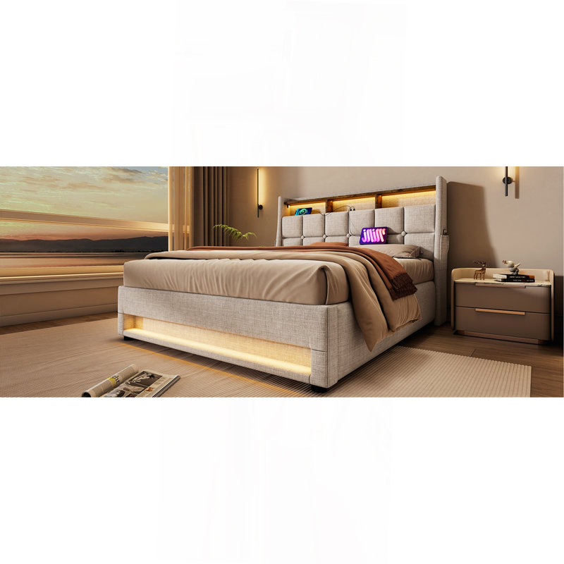 Lit plateforme tapissier avec système de rangement hydraulique, chargement DEL et USB (sans matelas), Lit double, Naturel
