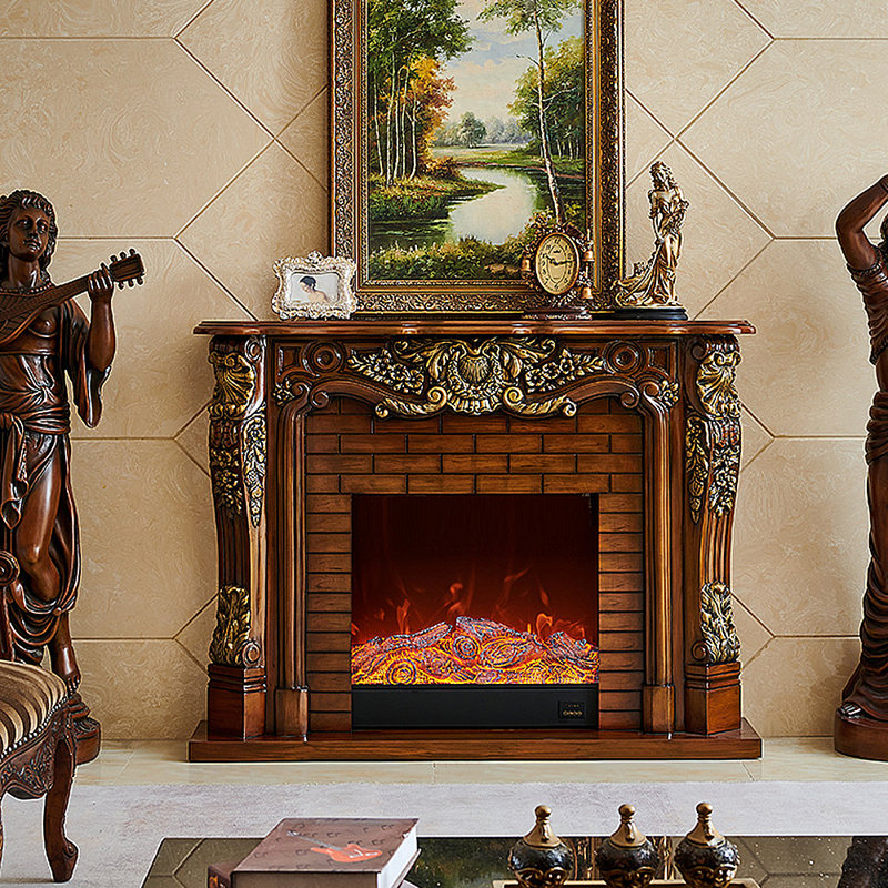 French carved TV cabinet electronic fireplace, Brown