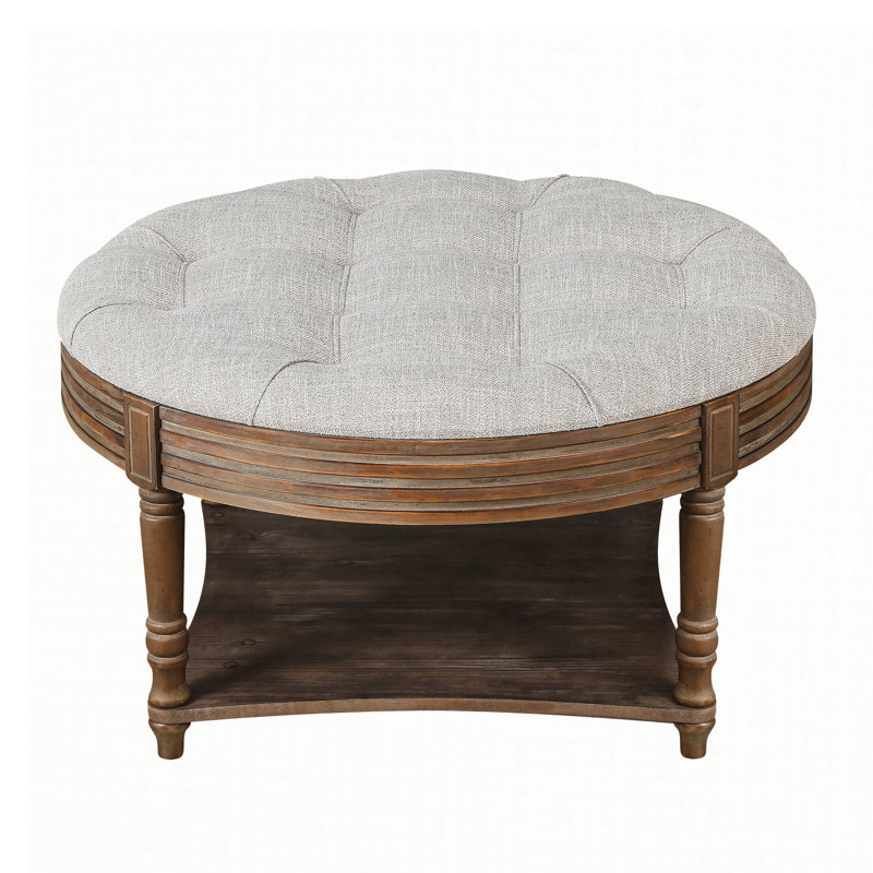 Corbi Indoor Faux Wood Large Round Ottoman, Light Gray