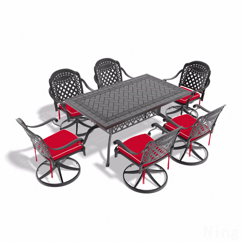 Ensemble de salle à manger 7 pièces en fonte d'aluminium toutes saisons, comprenant 6 chaises pivotantes et une table rectangulaire avec cadre noir
