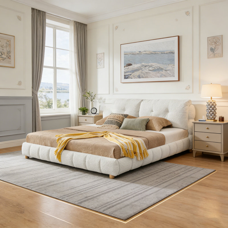 Lit plateforme en tissu bouclé de style crème, cadre rembourré doux avec des pieds en bois massif, aucun sommier tapissier nécessaire