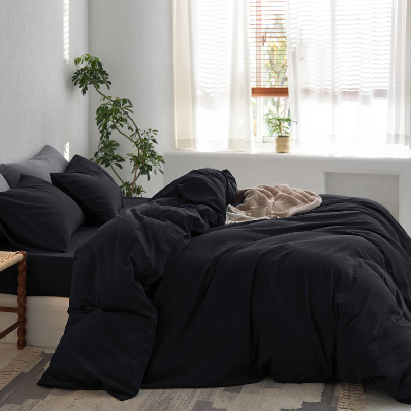 MooMee Duvet Cover Set with Zipper Closure & 8 Interior Ties 100% Washed Cotton Twill Soft Linen Like Textured, Black