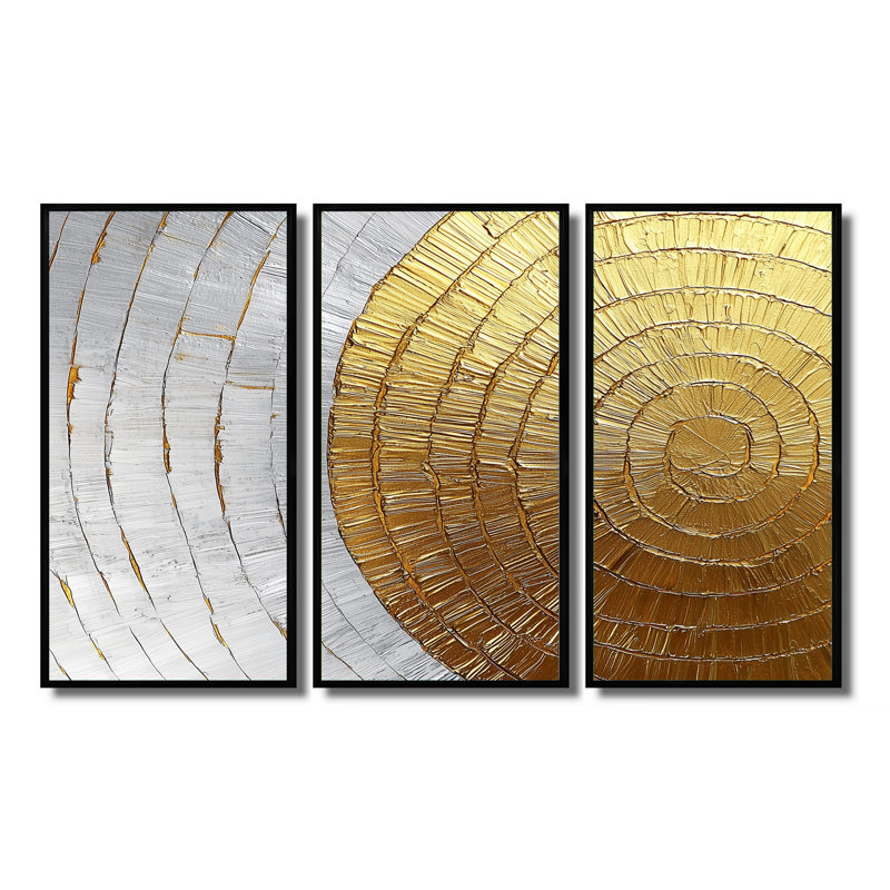 Abstract Golden Wood Slide II - Forest Wall Art - 3 Panels, 28" H x 36" W, Framed Print without Mat, Black