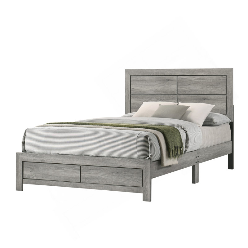 Grand lit plateforme rustique robuste 1pc avec tête de lit épurée et finition grain de bois gris, Grand lit