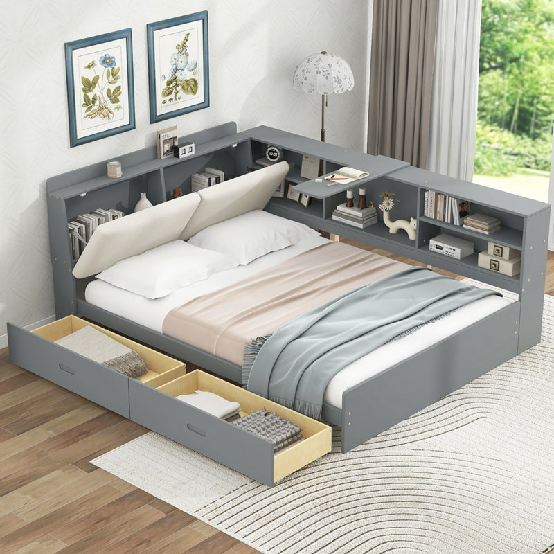 Lit plateforme en bois avec tête de lit, tablettes et 2 tiroirs, Gris / Blanc