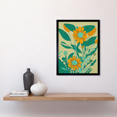 Yellow Flower Turquoise Colourful 1 Piece Single Picture Frame Wall Art