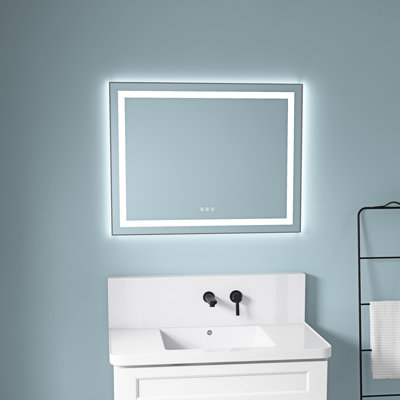 Miroir de salle de bain à DEL 36 "x 28" avec 3 températures de couleur, cadre en aluminium, fixation murale, gradation continue, mémoire, frêne, meuble-lavabo avant et rétro-éclairé, couleurs, brouillard