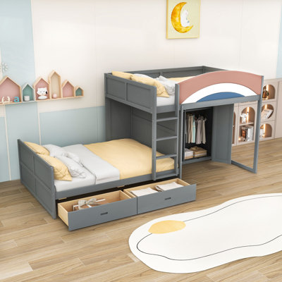 2 Drawers Full Over Full Bunk Bed with Built-In Wardrobe and Upholstered Guardrail