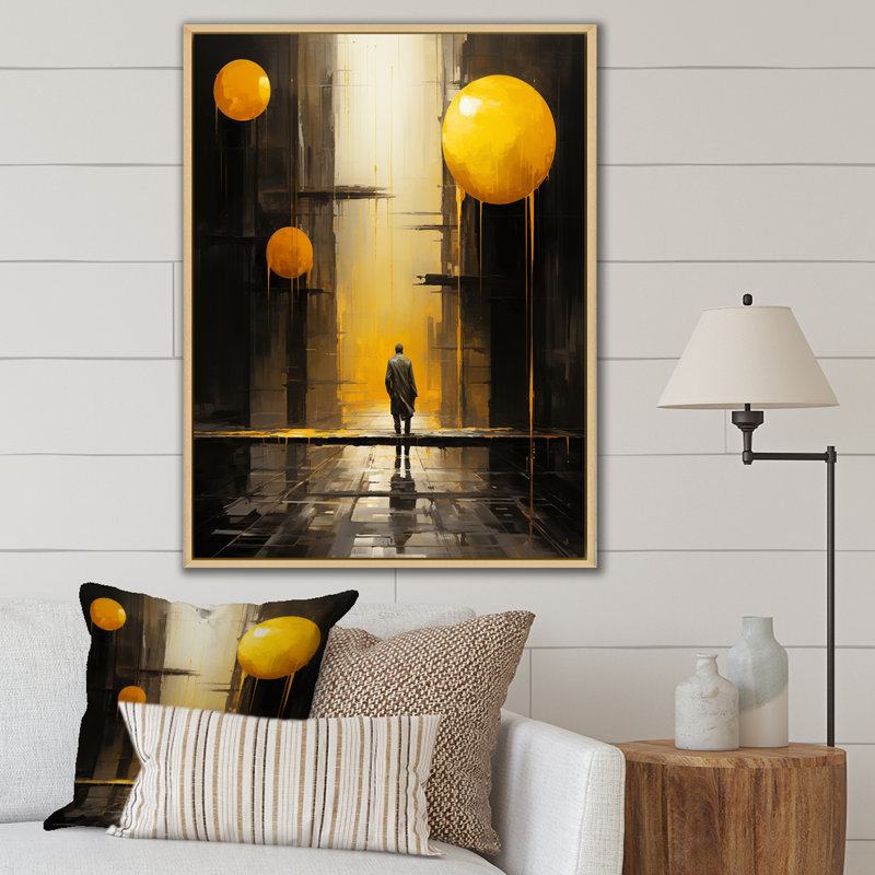 Urban Urban Moon en noir et jaune, reproduction sur toile, H 40 po x l 30 po, Encadrement doré