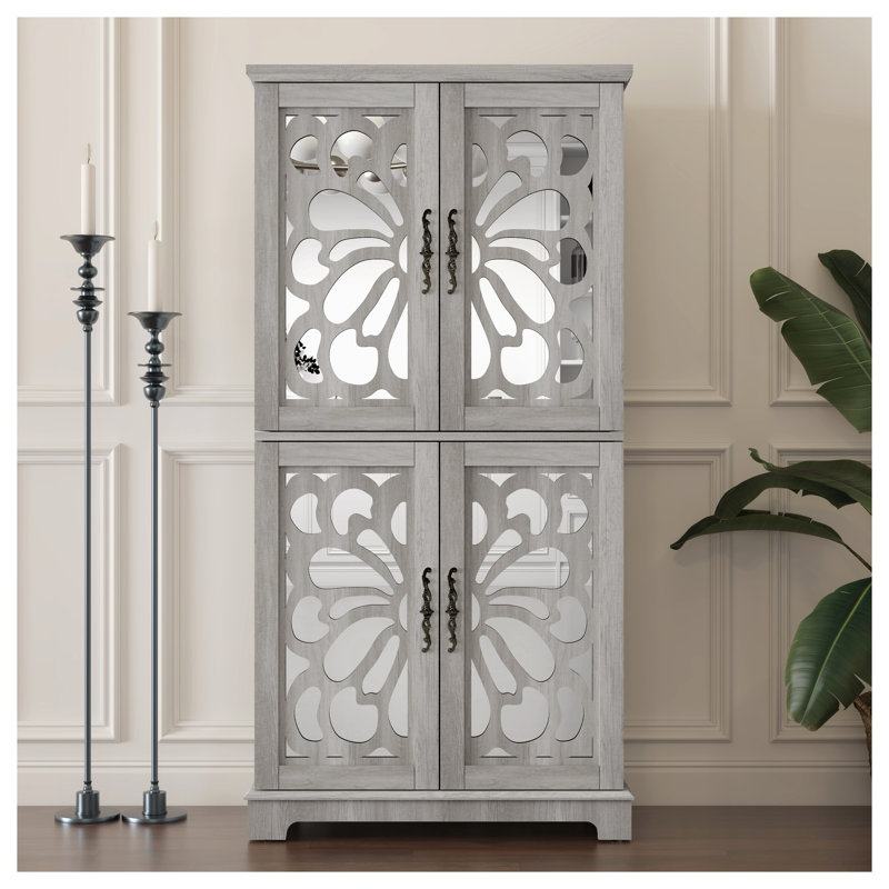 67.4''H Light Grey Accent Storage Cabinet with 4 Mirrored Doors & Adjustable Shelves - Corner, Living Room & Entryway Display Cabinet