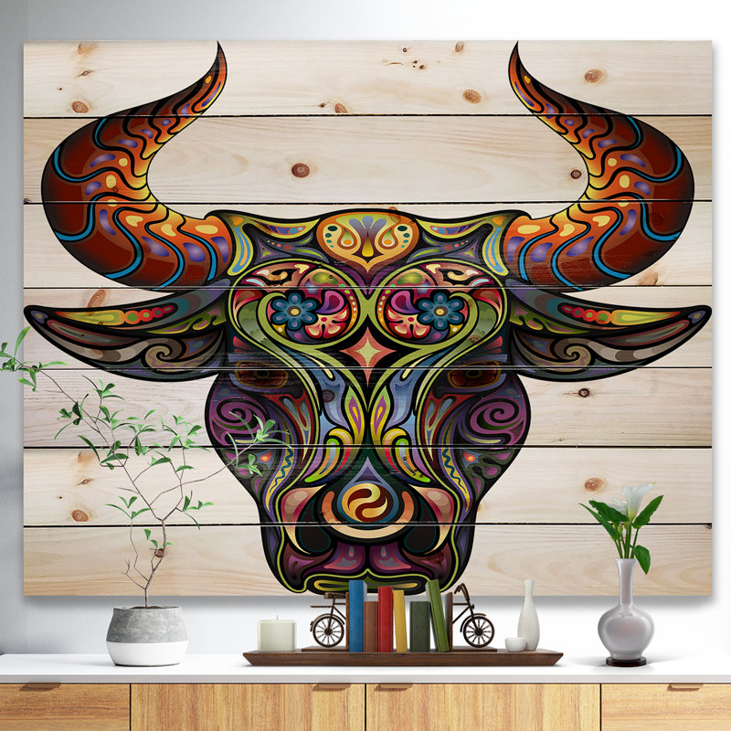 « ornemental bull », impression, H 15 po x l 20 po x P 1 po, Bois