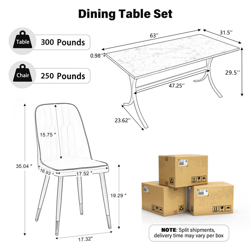 Modern Rectangle Dining Table Set for 4-6, Marble Texture Kitchen Table and Faux Leather Upholstered Chair for Dining Room