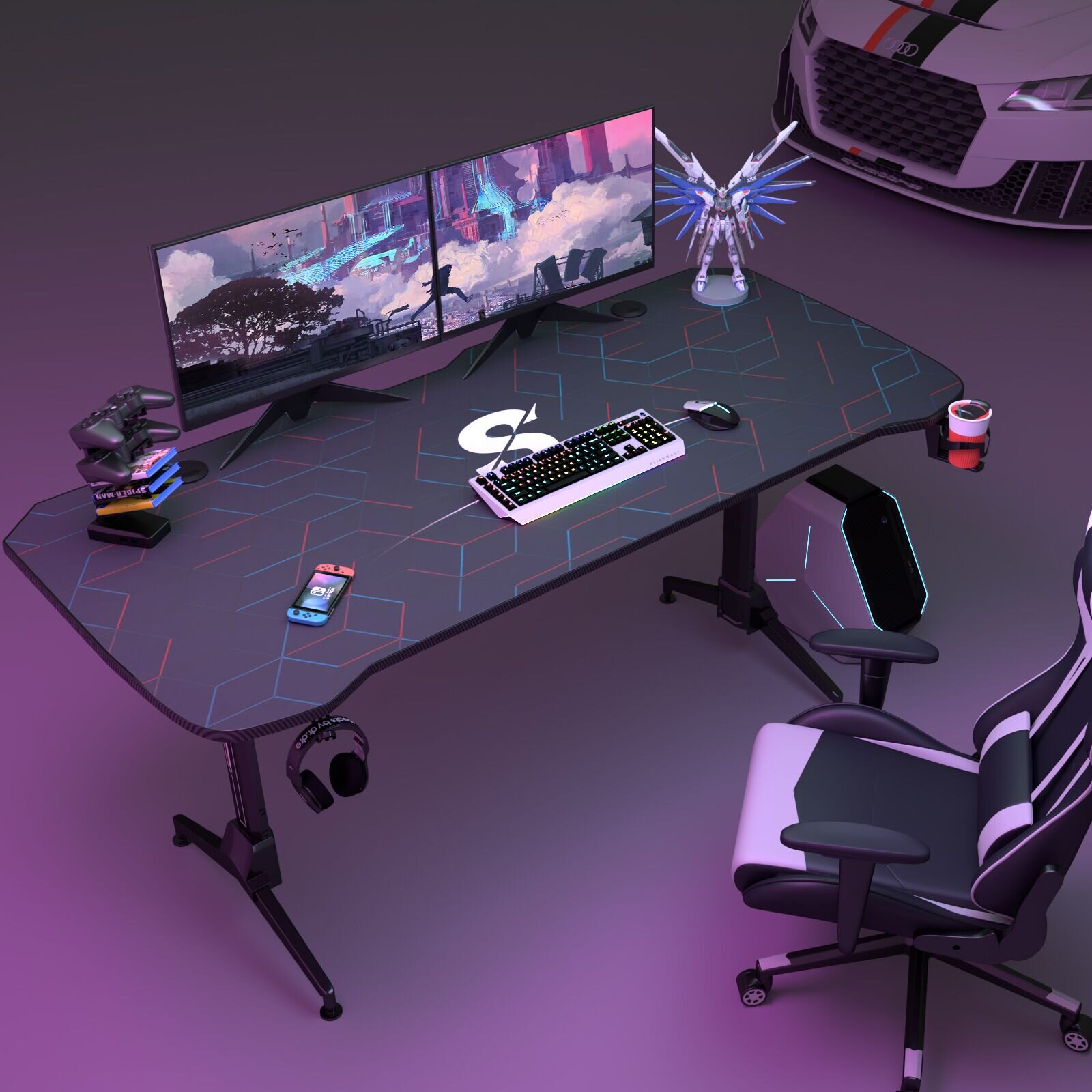  VITESSE Gaming Desk 63 Inch, Ergonomic Gamer Computer Desk with  Mouse Pad, PC Gaming Tables with Gaming Handle Rack, Cup Holder Headphone  Hook : Home & Kitchen
