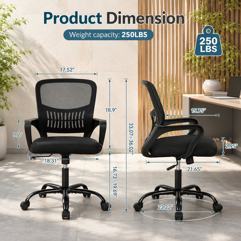 Black Ergonomic Desk Chair Featuring Mid-Back Mesh, Lumbar Support, Rocking Function, Height Adjustment, Fixed Armrests for Conference Use