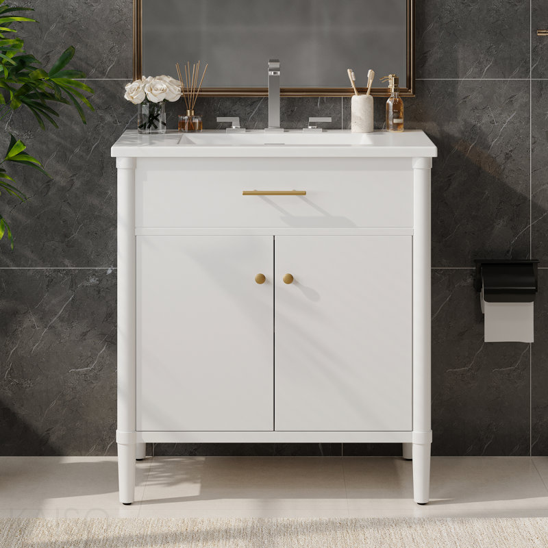 Meuble-lavabo 30 po avec lavabo, armoire de salle de bain avec portes à fermeture en douceur et tablette réglable, conception à profil courbé, pieds en bois d'hévéa, blanc