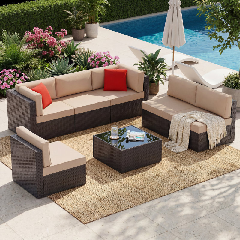 Modular 7 Piece Outdoor Rattan Seating Set For Patio Furniture, Khaki