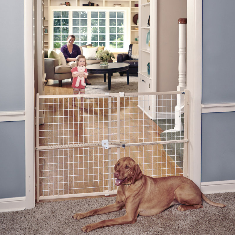 Extra-Wide White Wood and Metal Mesh Baby Gate