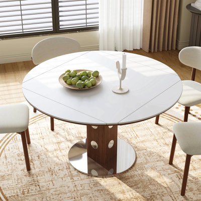 Table de salle à manger extensible ronde 47,2 "pour 4 à 6 personnes, table de cuisine pliante avec abattant, plateau en pierre frittée blanche et colonne en bois de noyer, peu encombrante pour les petits appartements, facile à assembler