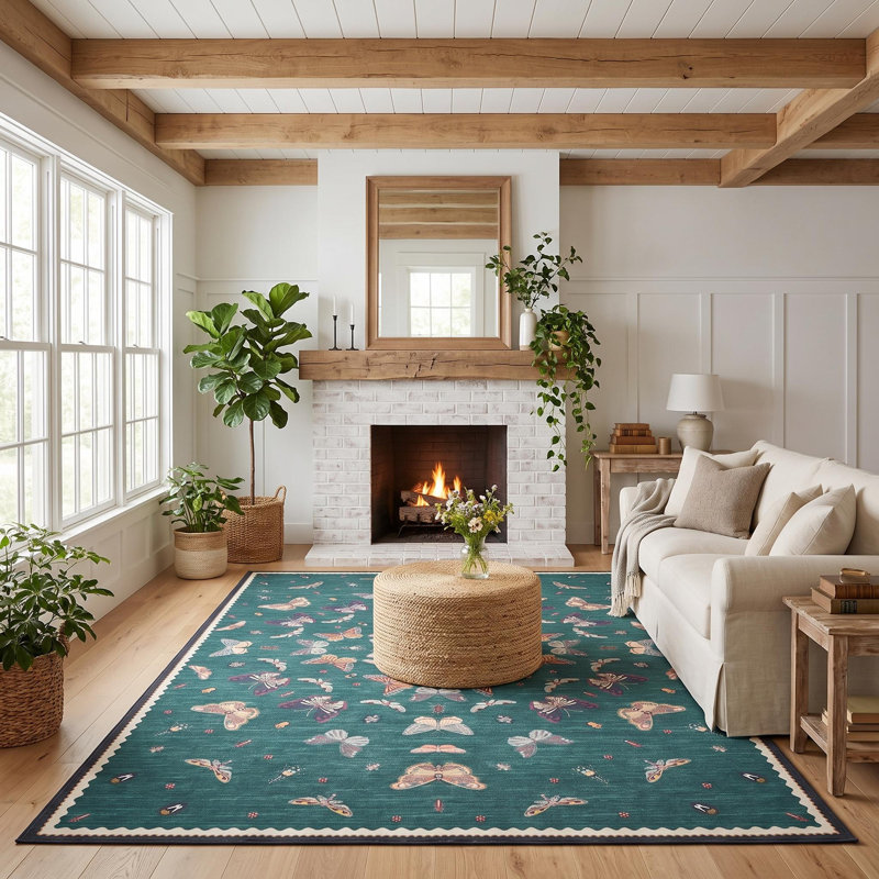 Tapis vintage à motifs papillons et poils ras, Sarcelle, 8 x 10 pi